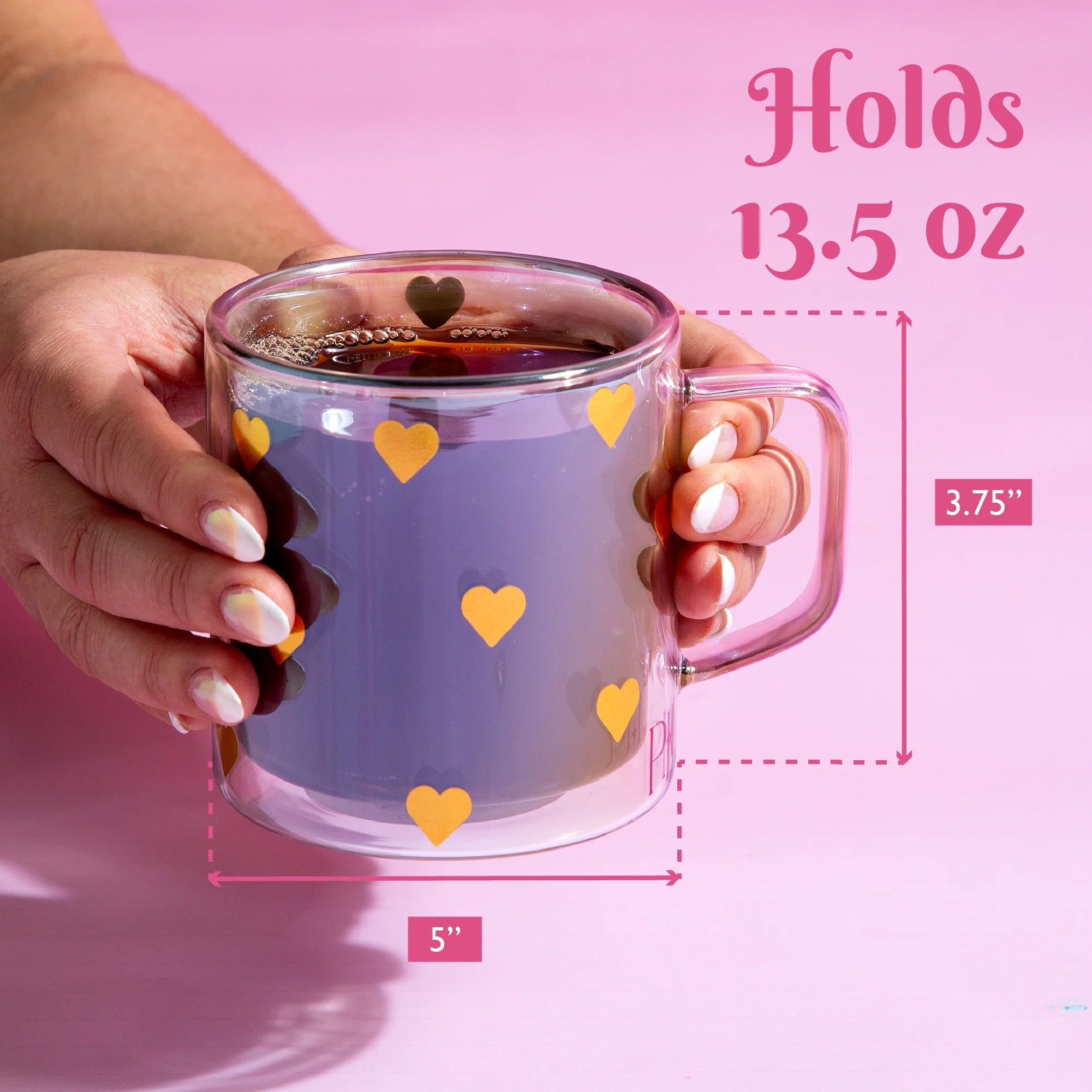 (2 Pack)  Double Wall Glass Coffee Mug,13.5 Ounces, Hearts