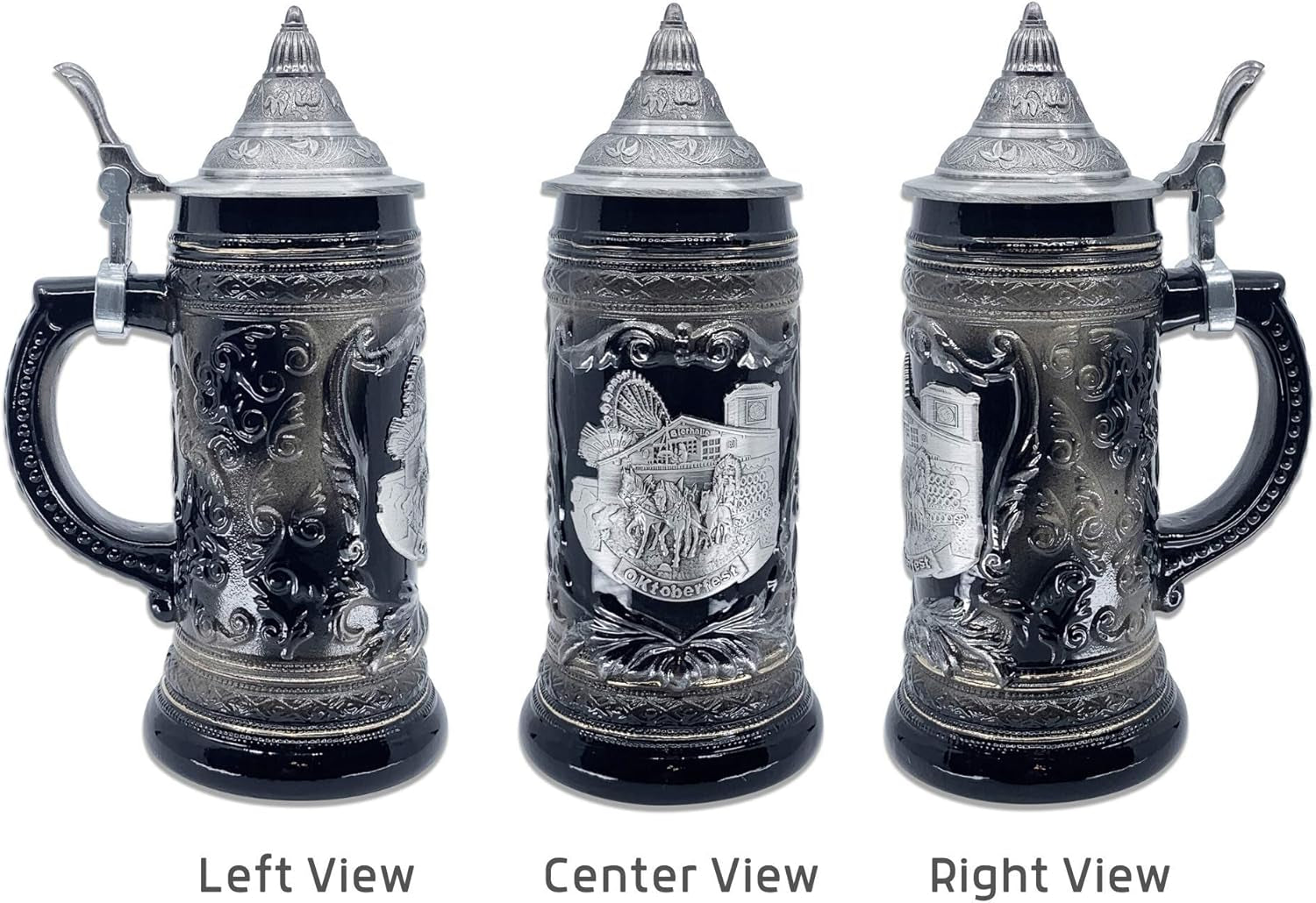 0.6 Liter | Oktoberfesthaus Oktoberfest Stein Bier Krug Charcoal Black Ceramic Stein with Metal Medallion of German Draft Horses and Wagon with Lid Octoberfest Beer Mug