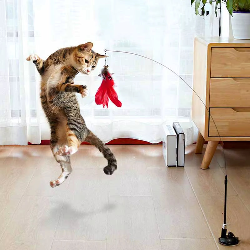 Funny Cat Toy Folorful Fluffy Feather with Bell Sucker Cat Stick Toy Kitten Play Interactive Detachable Teaser Wand Cat Supplies