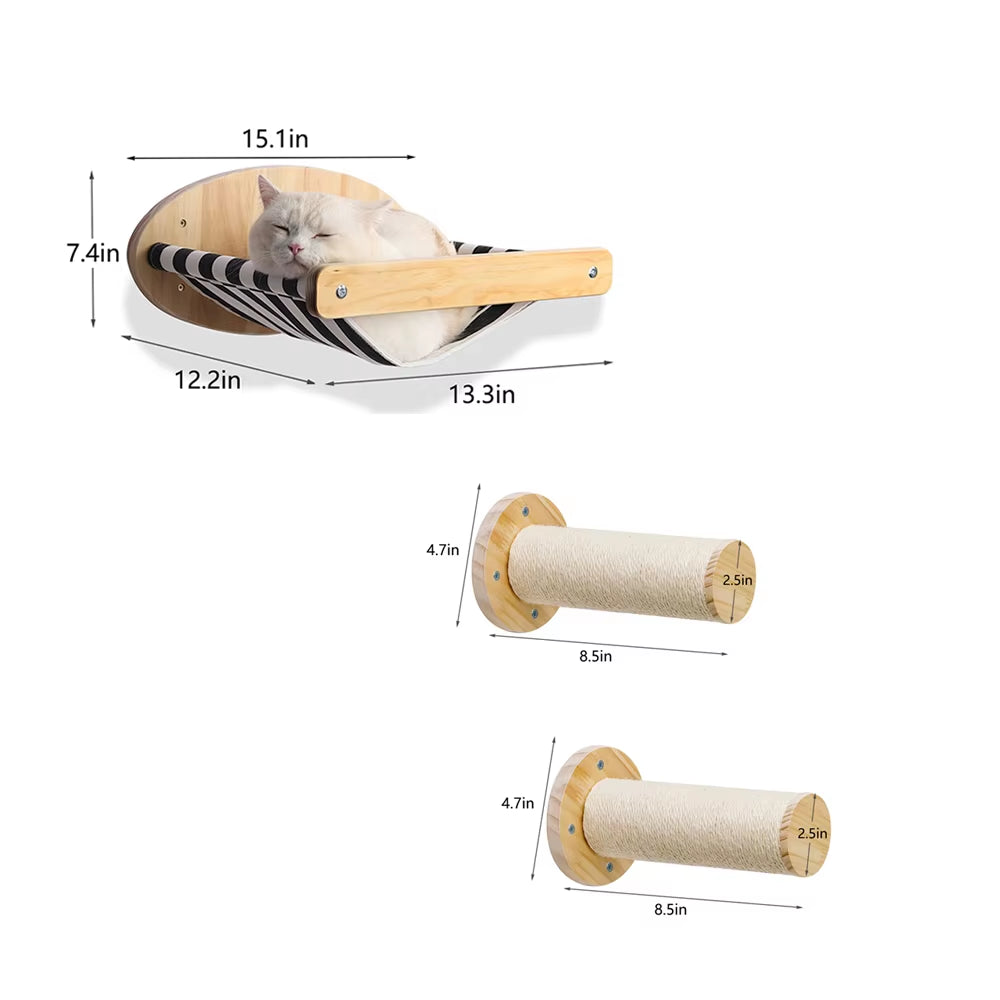 3Pcs Cat Hammock with Four Step Sisal Stairways or Scratching Posts Set Wall Mounted Wooden Cats Furniture Climbing Shelf Perch