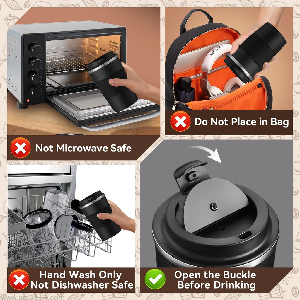 12Oz Insulated Travel Coffee Mug Spill-Proof Lid Stainless Steel Tumbler Black