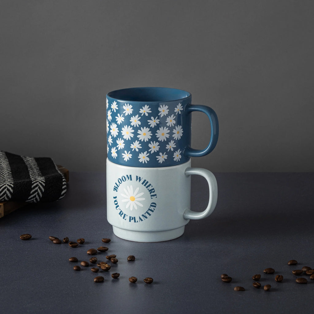 2 Pack Stacking Daisy Bloom and Where Planted Blue Mugs 14.2 Fl Oz, Stoneware