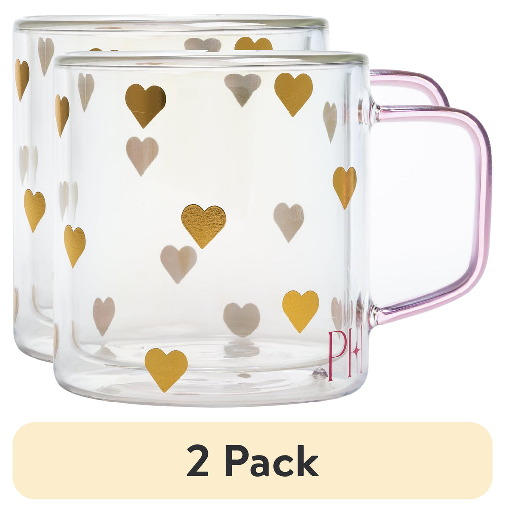 (2 Pack)  Double Wall Glass Coffee Mug,13.5 Ounces, Hearts
