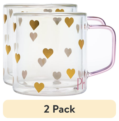 (2 Pack)  Double Wall Glass Coffee Mug,13.5 Ounces, Hearts
