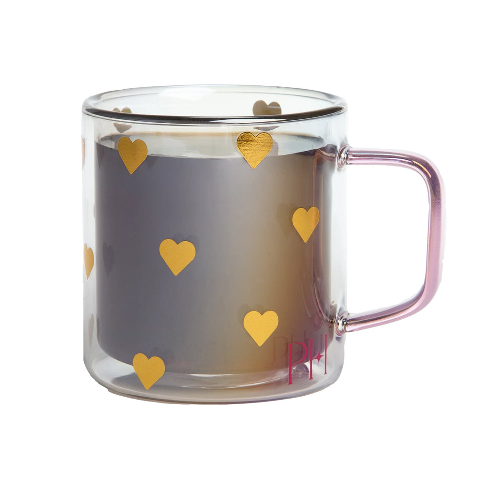 (2 Pack)  Double Wall Glass Coffee Mug,13.5 Ounces, Hearts