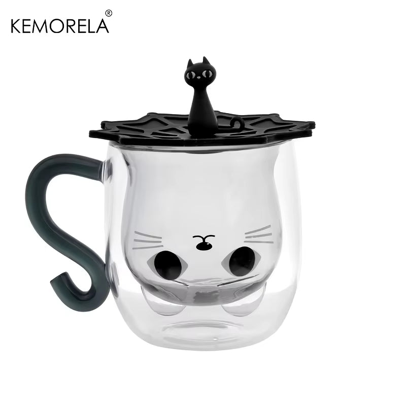 1PCS Cute Cat Mugs Double Vacuum Cute Tea Cups with Handle 250Ml Glass Cat Coffee Mug Temperature Resistant Glass Water Milk Mug