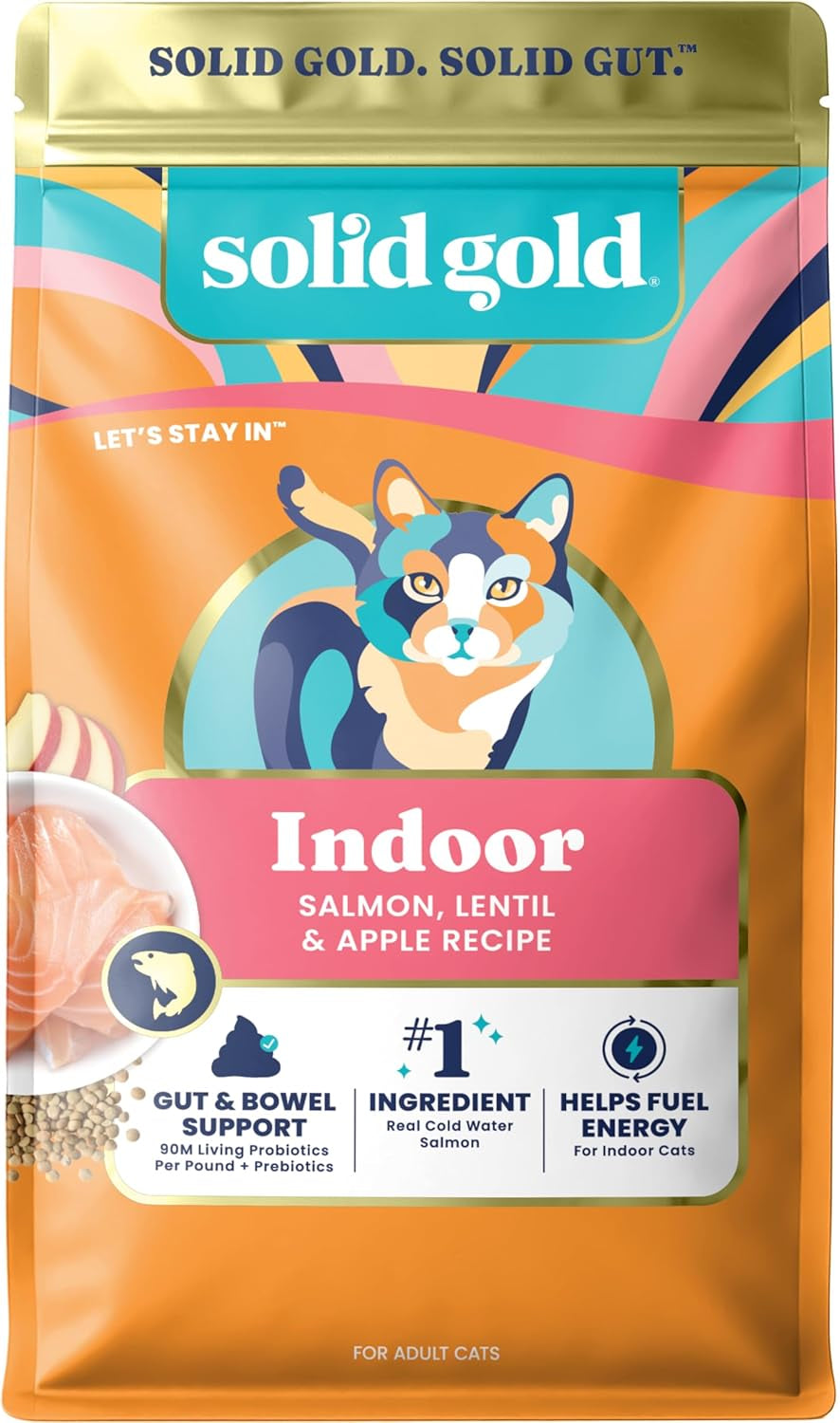 Indoor Dry Cat Food - Grain Free & Gluten Free - Salmon Cat Food Dry Kibble for Indoor Cats for Gut Health - Sensitive Stomach & Hairball Support for Adult Cats - 12LB
