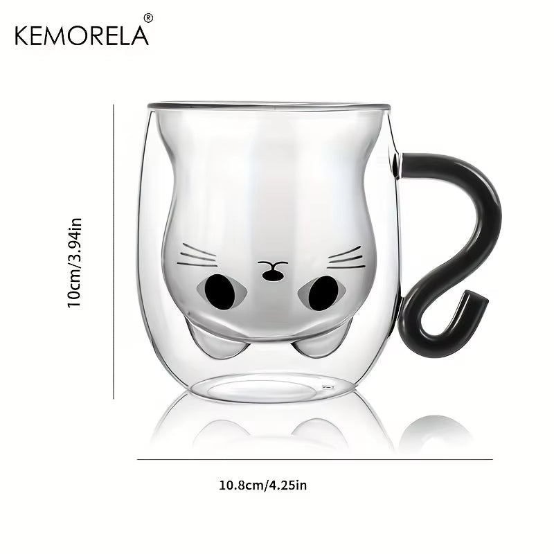 1PCS Cute Cat Mugs Double Vacuum Cute Tea Cups with Handle 250Ml Glass Cat Coffee Mug Temperature Resistant Glass Water Milk Mug