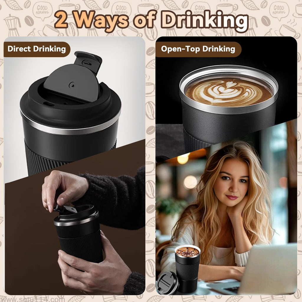 12Oz Insulated Travel Coffee Mug Spill-Proof Lid Stainless Steel Tumbler Black
