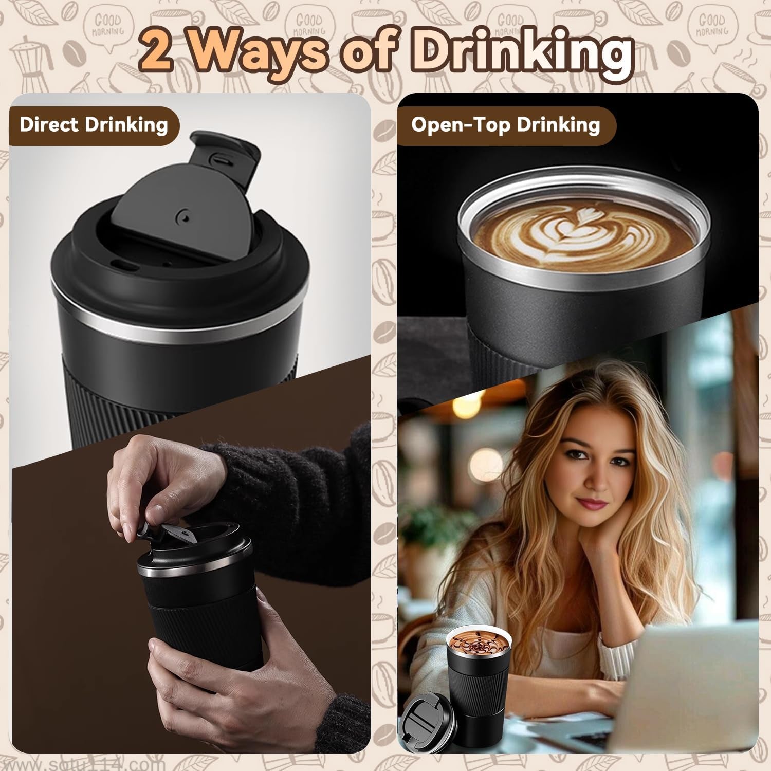 12Oz Insulated Travel Coffee Mug Spill-Proof Lid Stainless Steel Tumbler Black