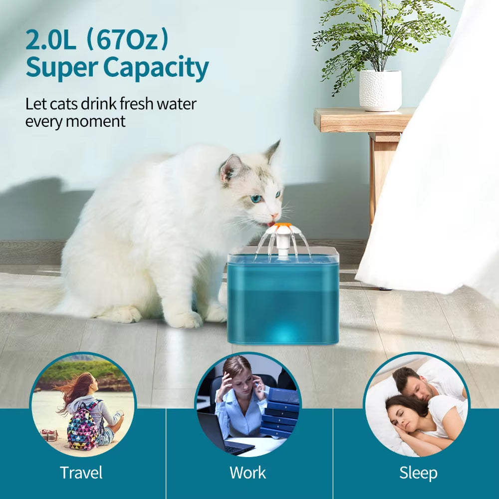 Cat Water Fountain Auto Filter LED Lighting USB Electric Mute Cat Drinker Bowl 2L Recirculate Filtring Drinker Water Dispenser