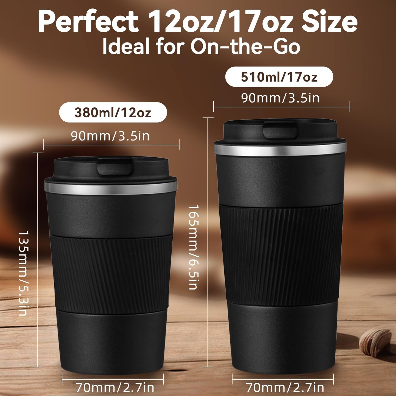 12Oz Insulated Travel Coffee Mug Spill-Proof Lid Stainless Steel Tumbler Black