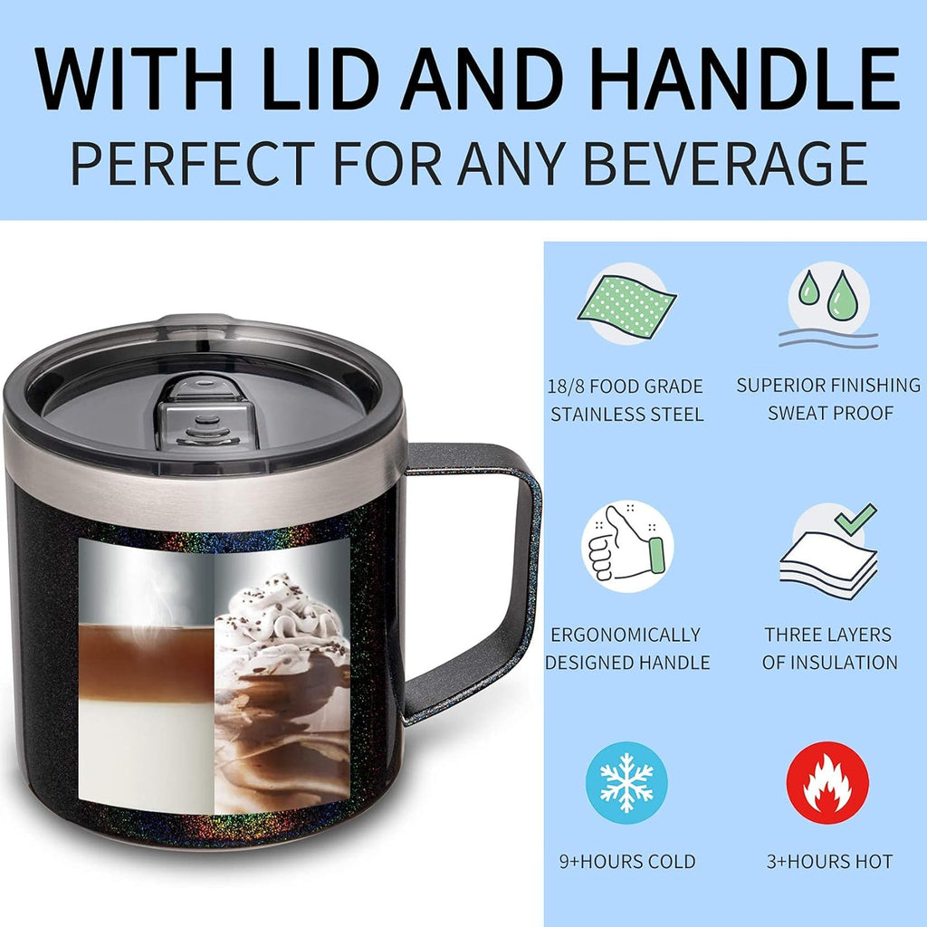 14Oz Coffee Mug with Handle, Vacuum Insulated Coffee Mug with Lid, Double Wall Stainless Steel Travel Tumbler Mug (Glitter Black 1 Pack)