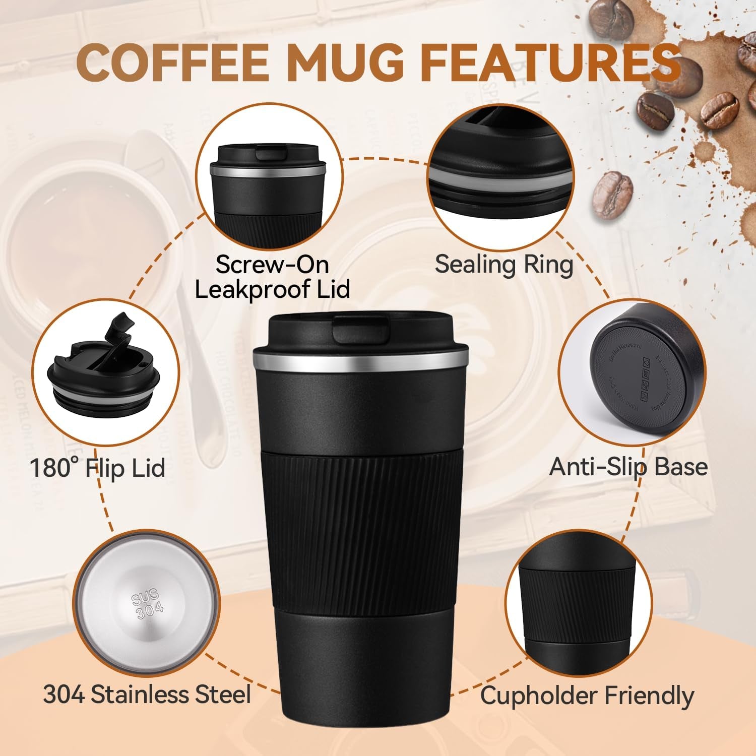 12Oz Insulated Travel Coffee Mug Spill-Proof Lid Stainless Steel Tumbler Black