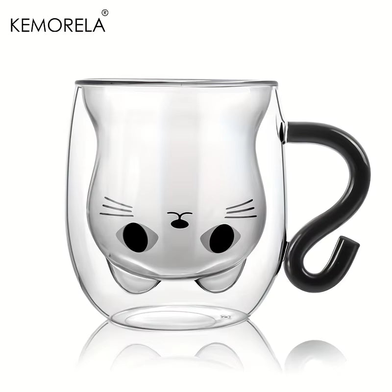 1PCS Cute Cat Mugs Double Vacuum Cute Tea Cups with Handle 250Ml Glass Cat Coffee Mug Temperature Resistant Glass Water Milk Mug