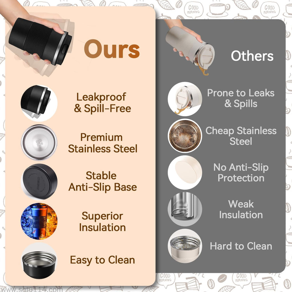 12Oz Insulated Travel Coffee Mug Spill-Proof Lid Stainless Steel Tumbler Black