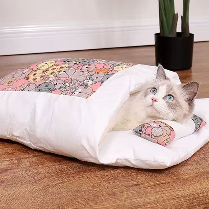 Japanese Cat Bed Warm Cat Sleeping Bag Deep Sleep Cave Winter Removable Pet House Bed for Cats Dogs Nest Cushion with Pillow