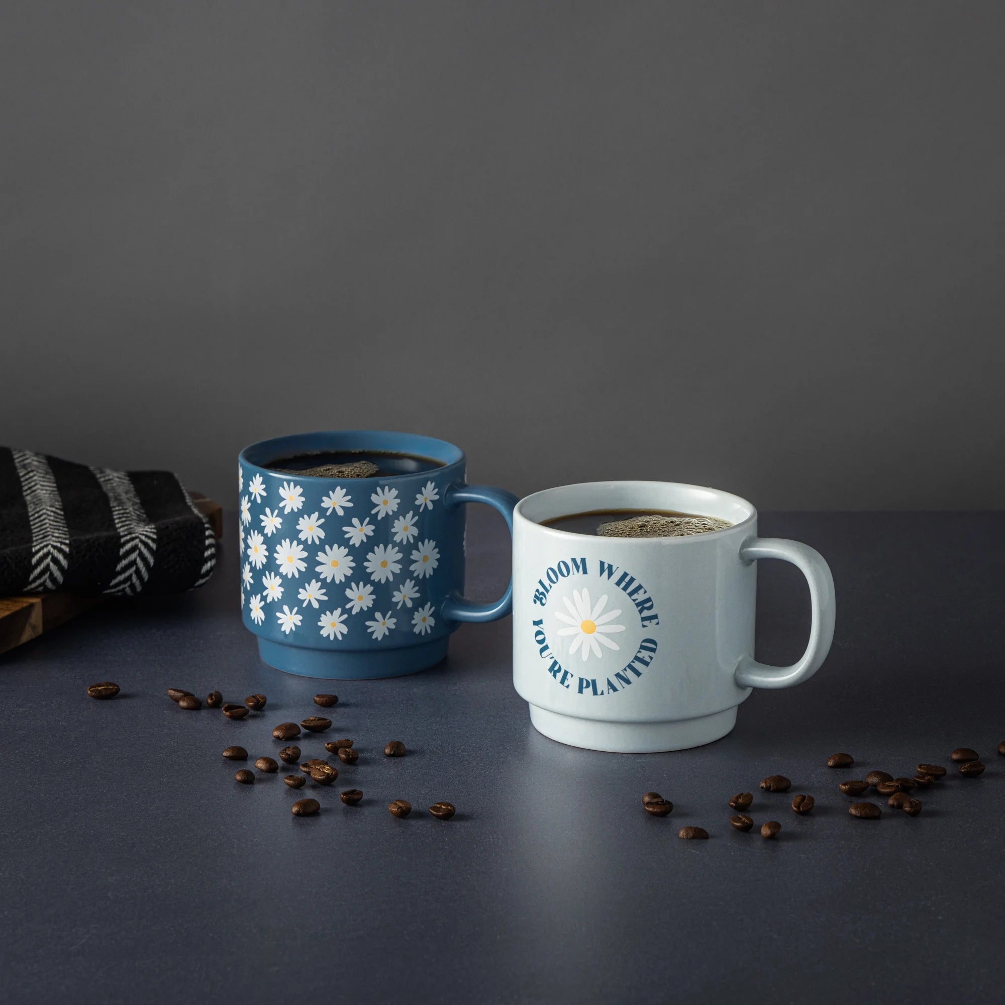 2 Pack Stacking Daisy Bloom and Where Planted Blue Mugs 14.2 Fl Oz, Stoneware