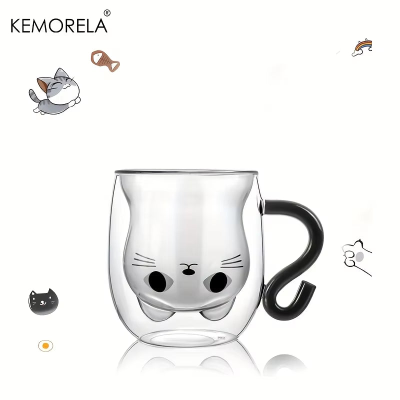 1PCS Cute Cat Mugs Double Vacuum Cute Tea Cups with Handle 250Ml Glass Cat Coffee Mug Temperature Resistant Glass Water Milk Mug