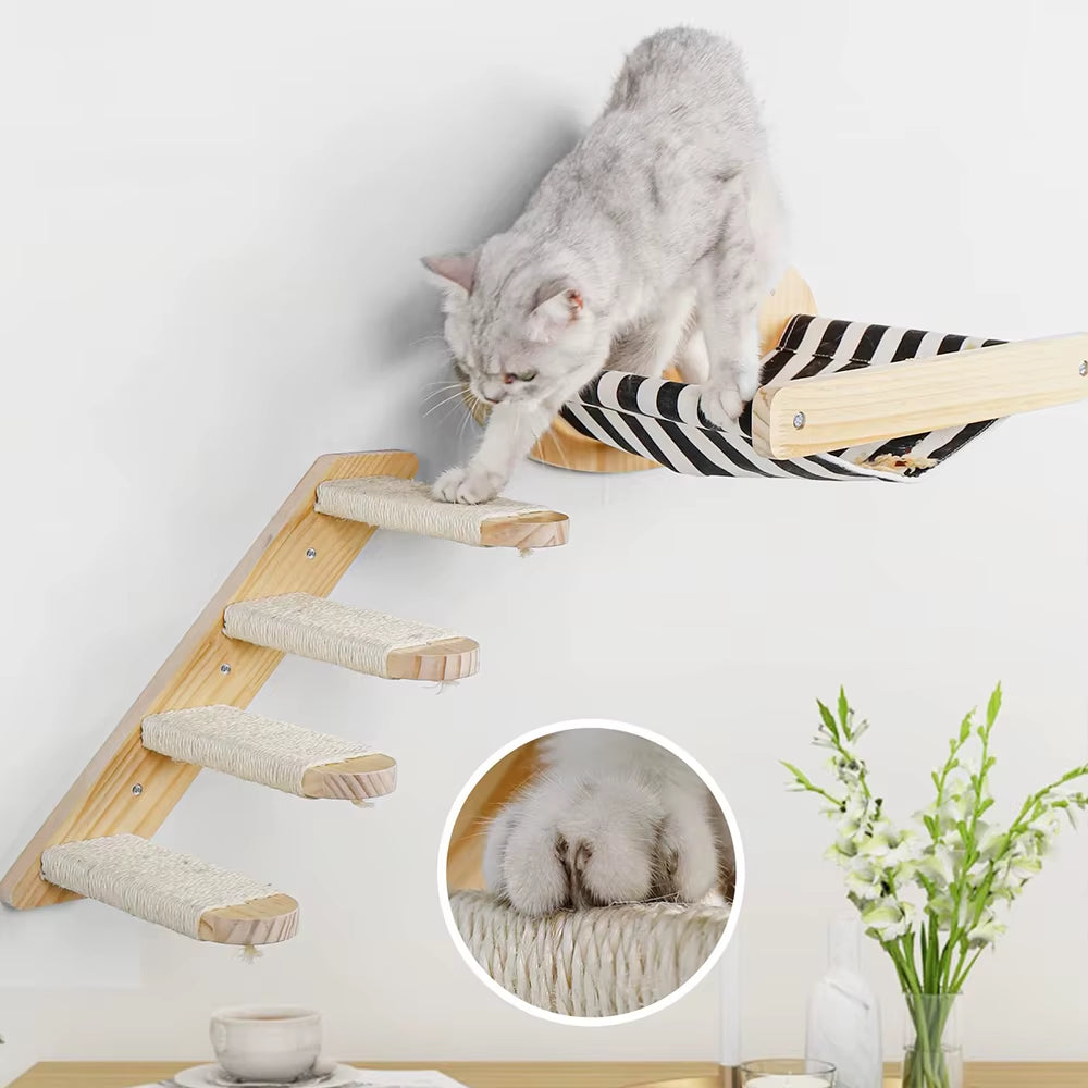 3Pcs Cat Hammock with Four Step Sisal Stairways or Scratching Posts Set Wall Mounted Wooden Cats Furniture Climbing Shelf Perch