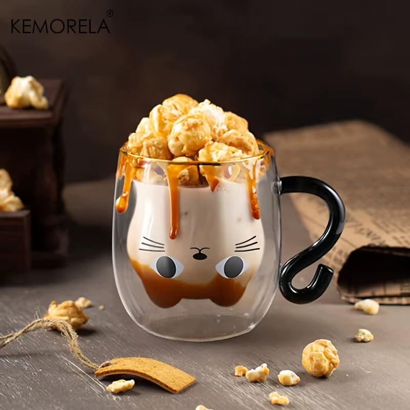 1PCS Cute Cat Mugs Double Vacuum Cute Tea Cups with Handle 250Ml Glass Cat Coffee Mug Temperature Resistant Glass Water Milk Mug