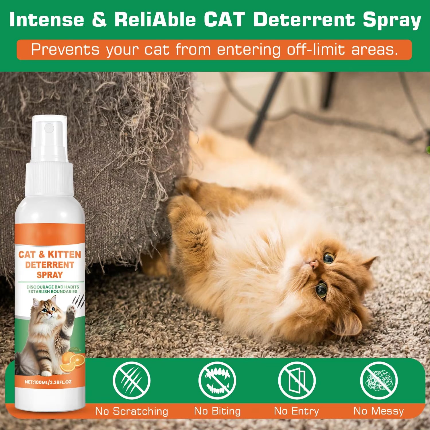 Cat Deterrent Spray,Natural Ingredient Cat Urination Deterrent for Furniture Protection,Effective Cat Scratch Deterrent Training