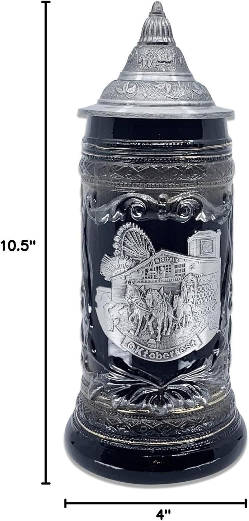 0.6 Liter | Oktoberfesthaus Oktoberfest Stein Bier Krug Charcoal Black Ceramic Stein with Metal Medallion of German Draft Horses and Wagon with Lid Octoberfest Beer Mug