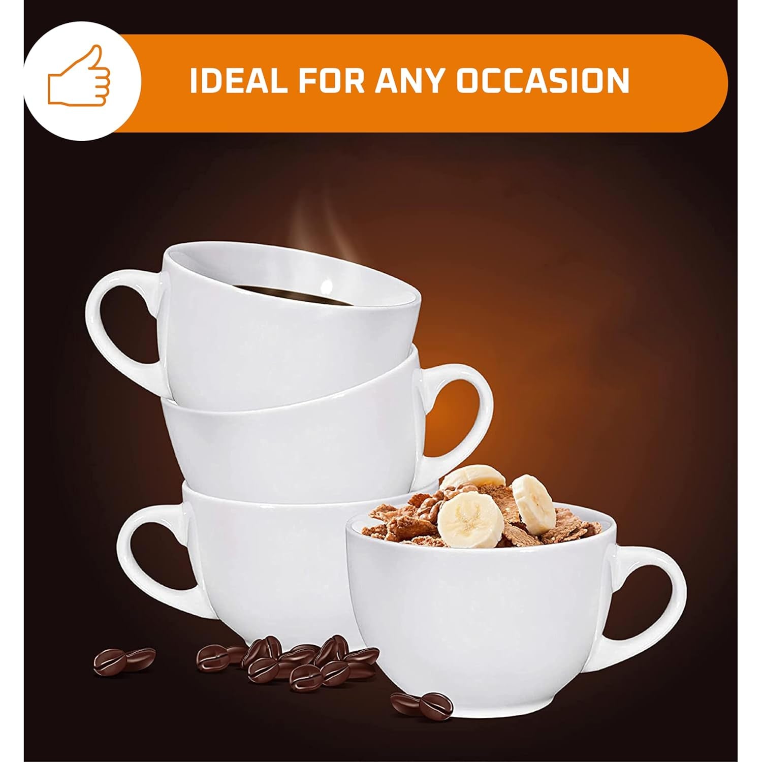 24 Oz White Coffee Mugs Set of 4 - Large Ceramic Mug with Handle for Coffee, Tea, Soup, and Cereal - Durable, Microwave, and Dishwasher Safe Soup Cups - Ideal for Hot or Cold Beverages