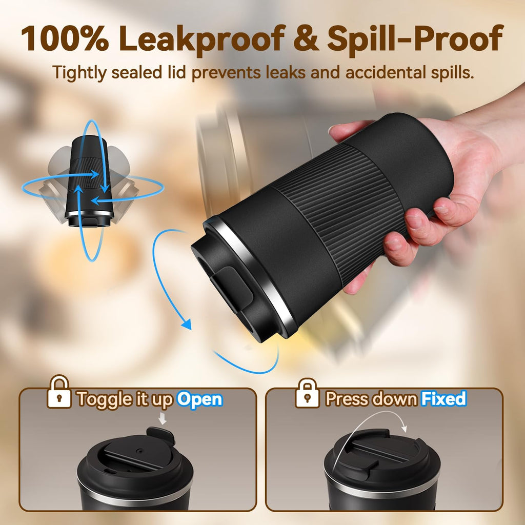 12Oz Insulated Travel Coffee Mug Spill-Proof Lid Stainless Steel Tumbler Black