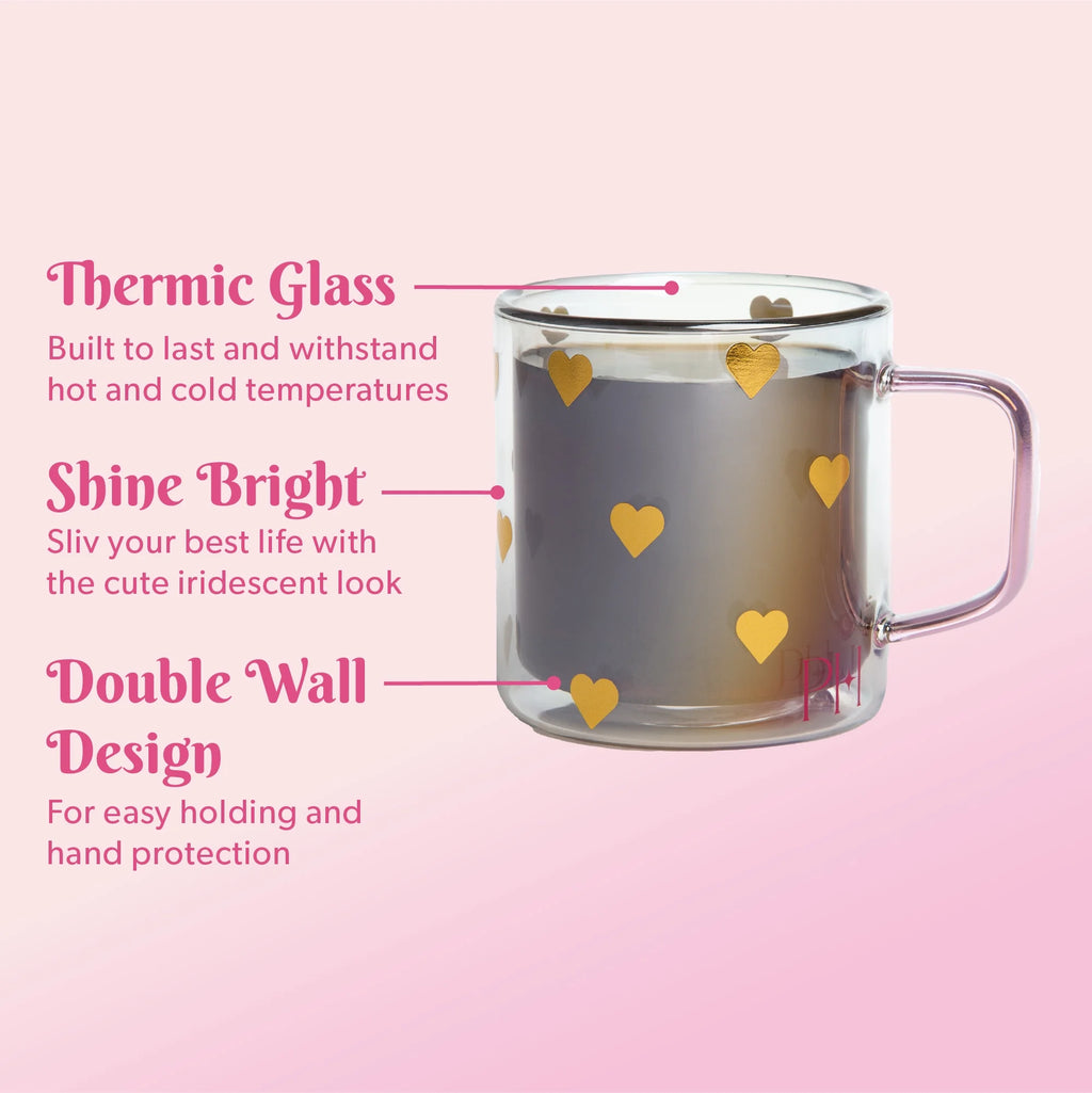 (2 Pack)  Double Wall Glass Coffee Mug,13.5 Ounces, Hearts