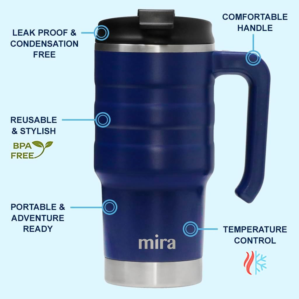 20 Oz Insulated Travel Mug - Stainless Steel Coffee Cup with Spill-Proof Flip Lid & Handle - Hot/Cold Car Tumbler - Marine