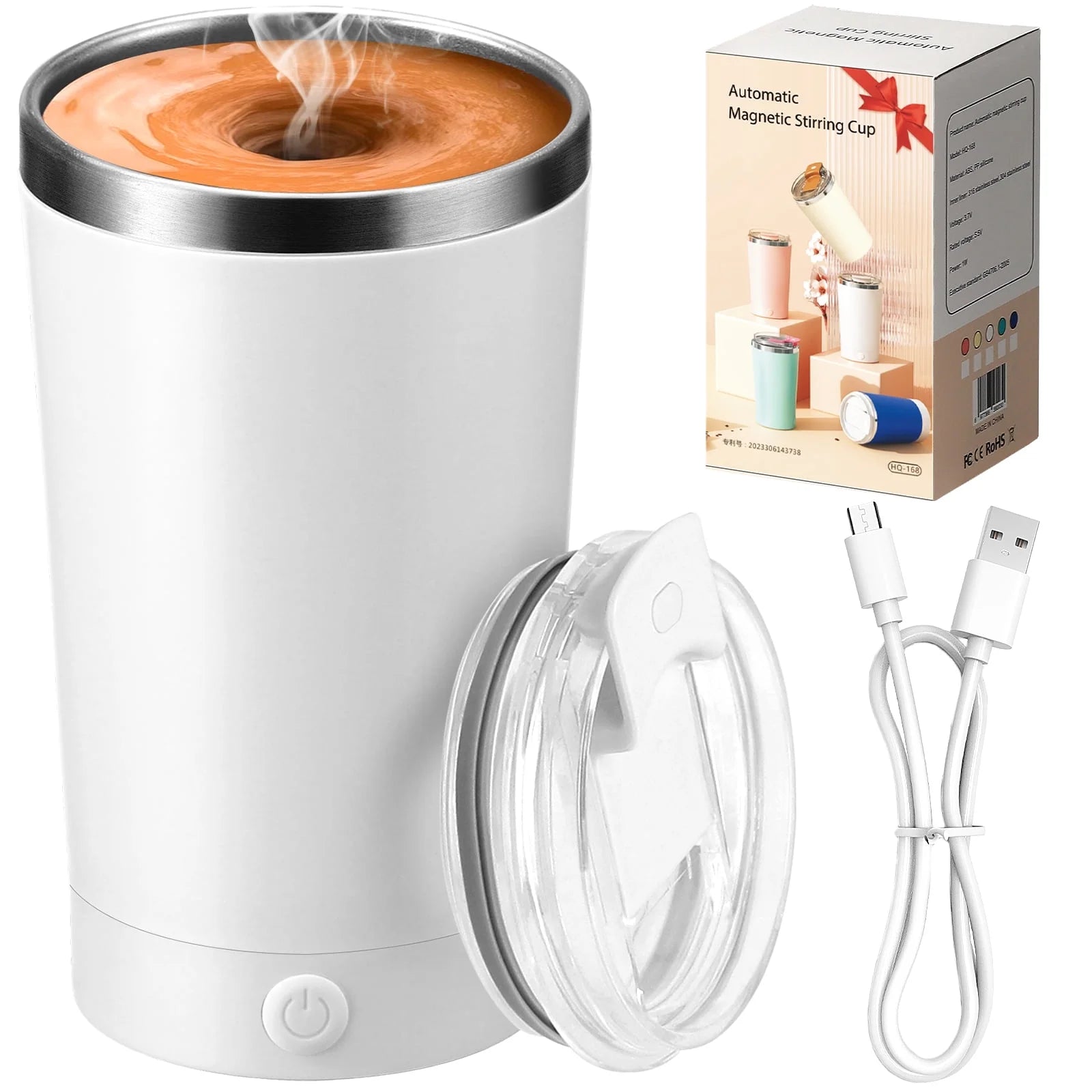 Self Stirring Mug with Lid Electric High Speed Mixing Rechargeable Automatic Magnetic Stirring Coffee Mug(White- 13.5 Oz.)