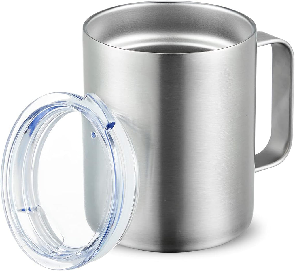 12Oz Insulated Coffee Mug with Handle, Stainless Steel Mug with Lid, Double Wall Vacuum Coffee Cup, Powder Coated Travel Mug, Thermal Mug Keep Coffee Hot or Cold (Silver, 1 Pack)