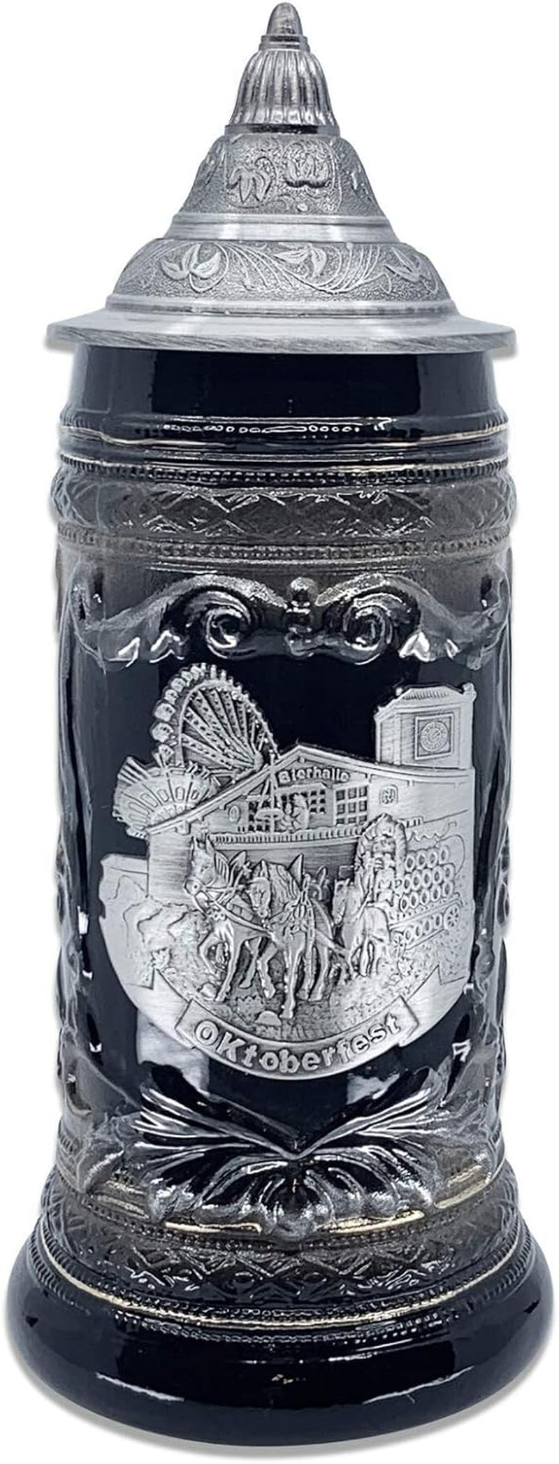 0.6 Liter | Oktoberfesthaus Oktoberfest Stein Bier Krug Charcoal Black Ceramic Stein with Metal Medallion of German Draft Horses and Wagon with Lid Octoberfest Beer Mug