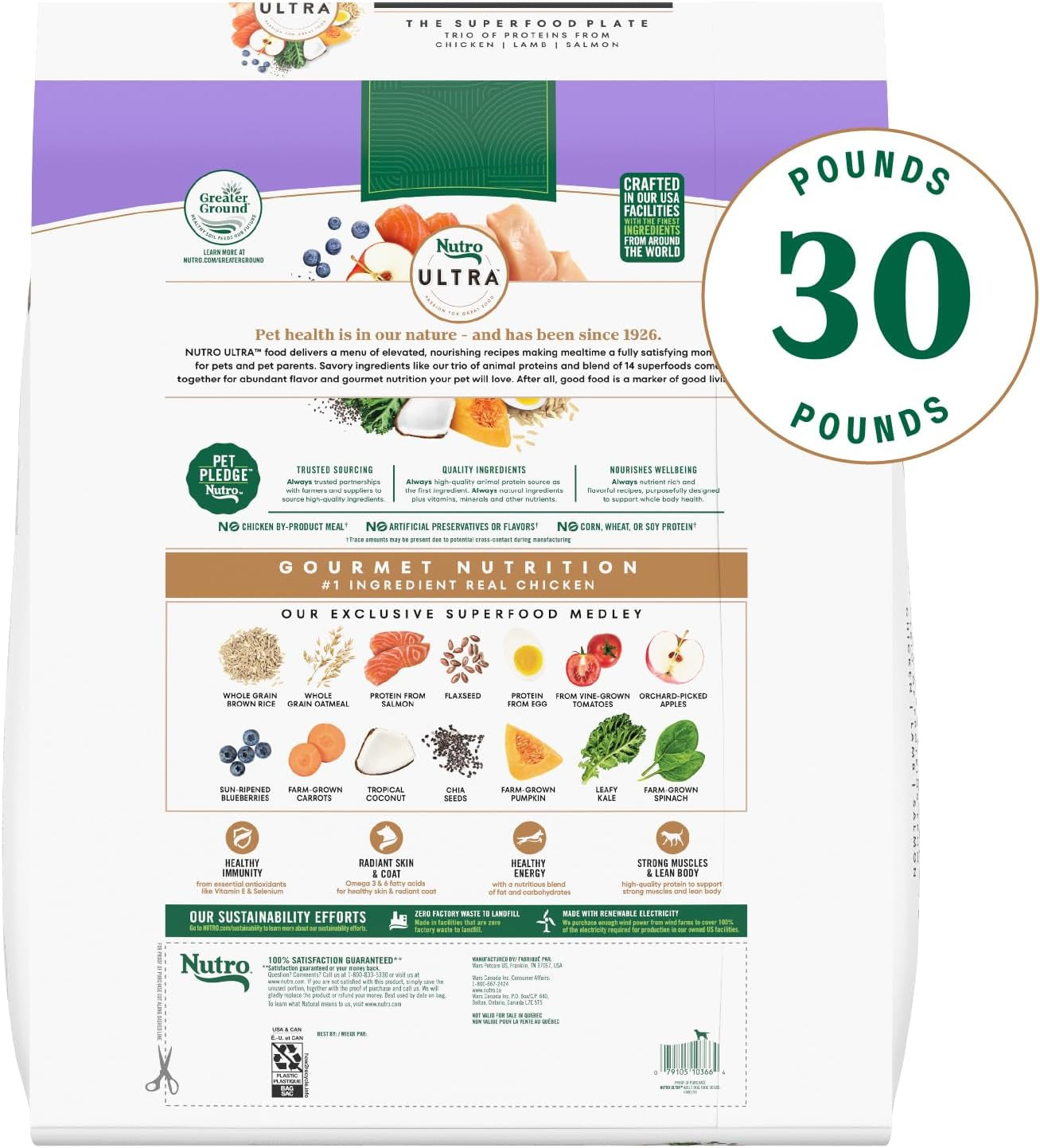 Ultra Dry Dog Food for Adult Dogs with a Trio of Proteins from Chicken, Lamb and Salmon, 30 Lb. Bag