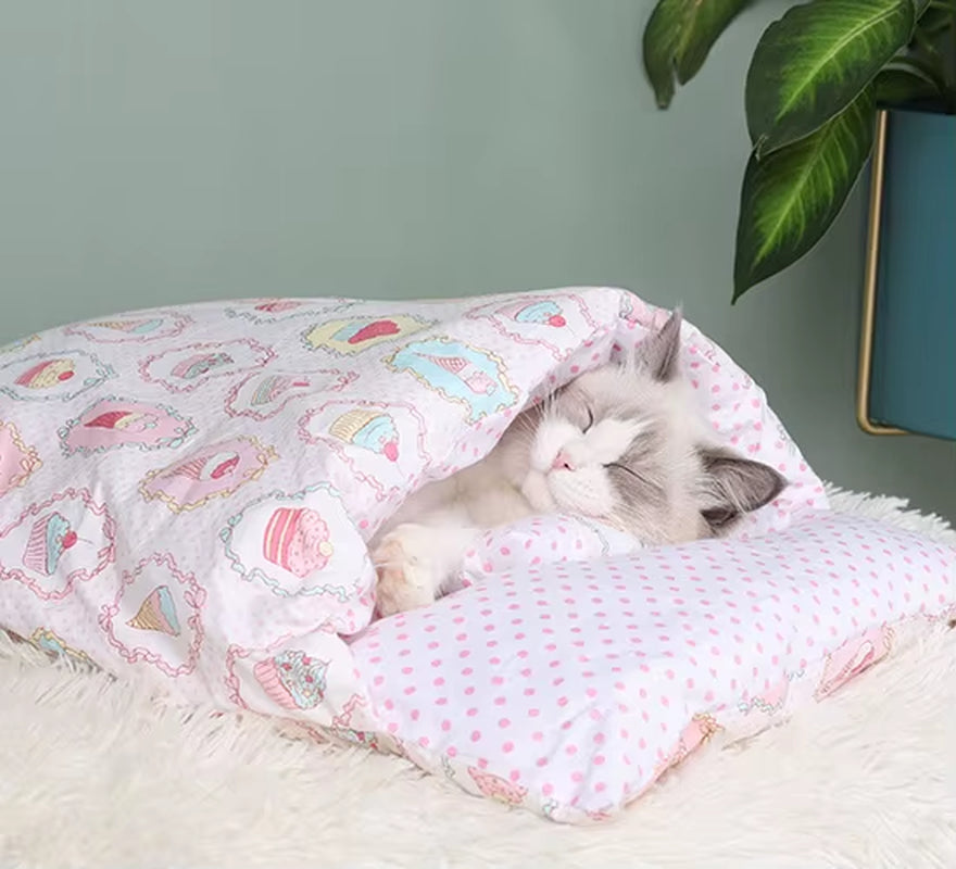 Japanese Cat Bed Warm Cat Sleeping Bag Deep Sleep Cave Winter Removable Pet House Bed for Cats Dogs Nest Cushion with Pillow