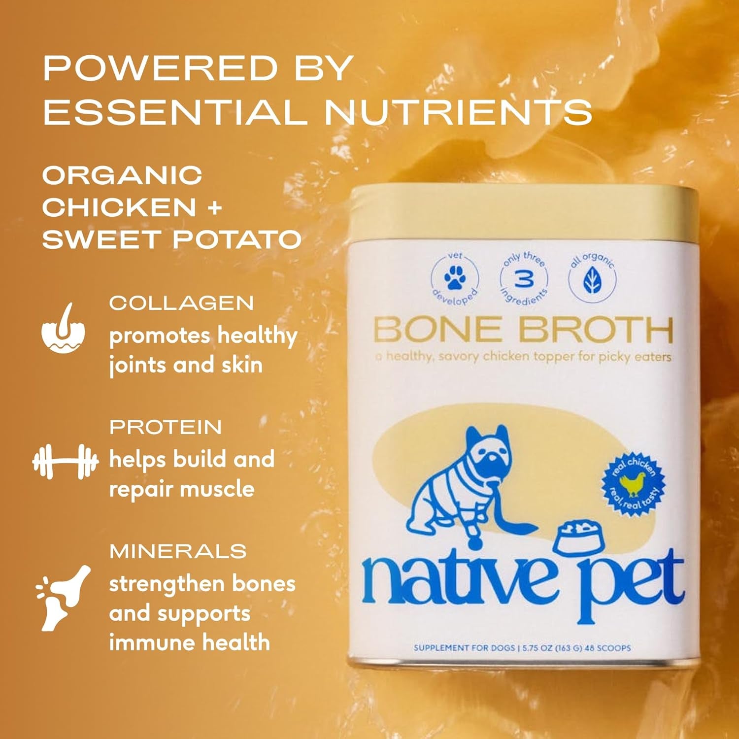 Bone Broth for Dogs and Cats - Chicken Bone Broth Powder Dog Food Toppers for Picky Eaters - Provides Extra Nutrition for Joint Strength, Immune Support & Heart Health - 96 Scoops