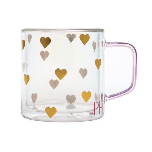 (2 Pack)  Double Wall Glass Coffee Mug,13.5 Ounces, Hearts