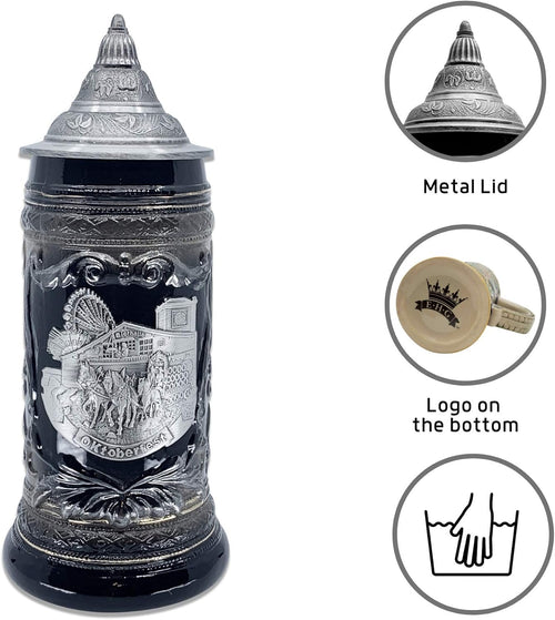 0.6 Liter | Oktoberfesthaus Oktoberfest Stein Bier Krug Charcoal Black Ceramic Stein with Metal Medallion of German Draft Horses and Wagon with Lid Octoberfest Beer Mug