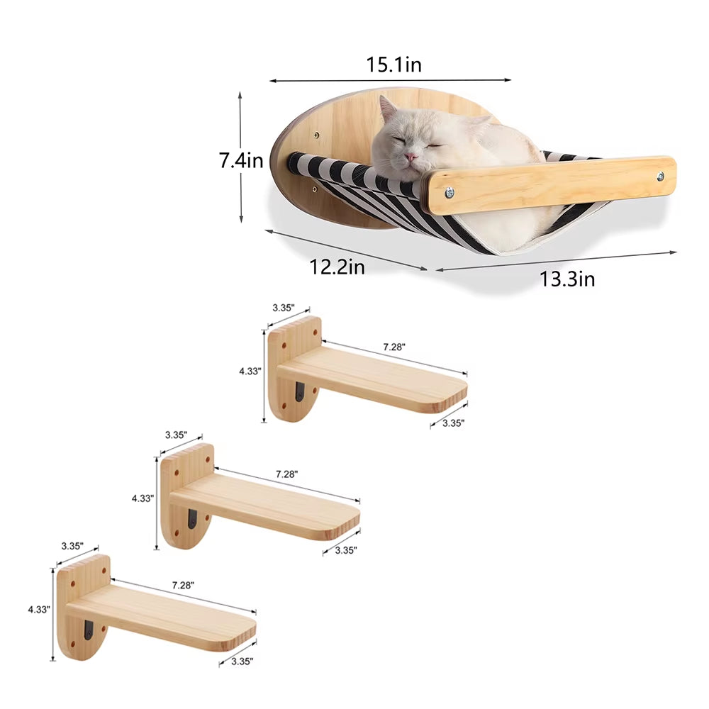 3Pcs Cat Hammock with Four Step Sisal Stairways or Scratching Posts Set Wall Mounted Wooden Cats Furniture Climbing Shelf Perch