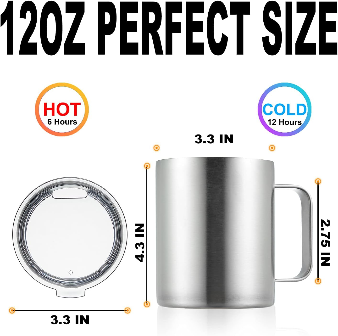 12Oz Insulated Coffee Mug with Handle, Stainless Steel Mug with Lid, Double Wall Vacuum Coffee Cup, Powder Coated Travel Mug, Thermal Mug Keep Coffee Hot or Cold (Silver, 1 Pack)