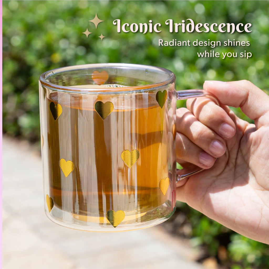 (2 Pack)  Double Wall Glass Coffee Mug,13.5 Ounces, Hearts