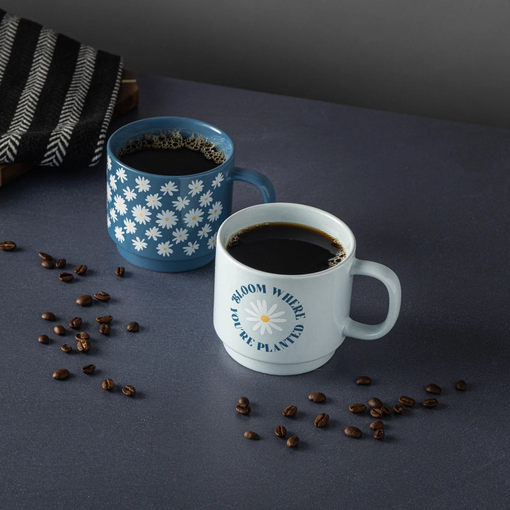 2 Pack Stacking Daisy Bloom and Where Planted Blue Mugs 14.2 Fl Oz, Stoneware