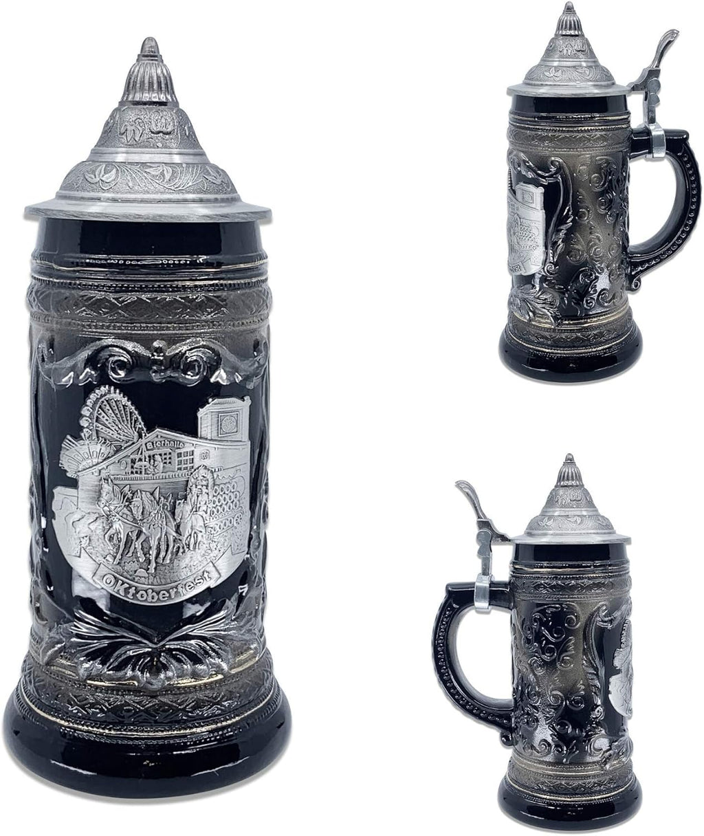 0.6 Liter | Oktoberfesthaus Oktoberfest Stein Bier Krug Charcoal Black Ceramic Stein with Metal Medallion of German Draft Horses and Wagon with Lid Octoberfest Beer Mug