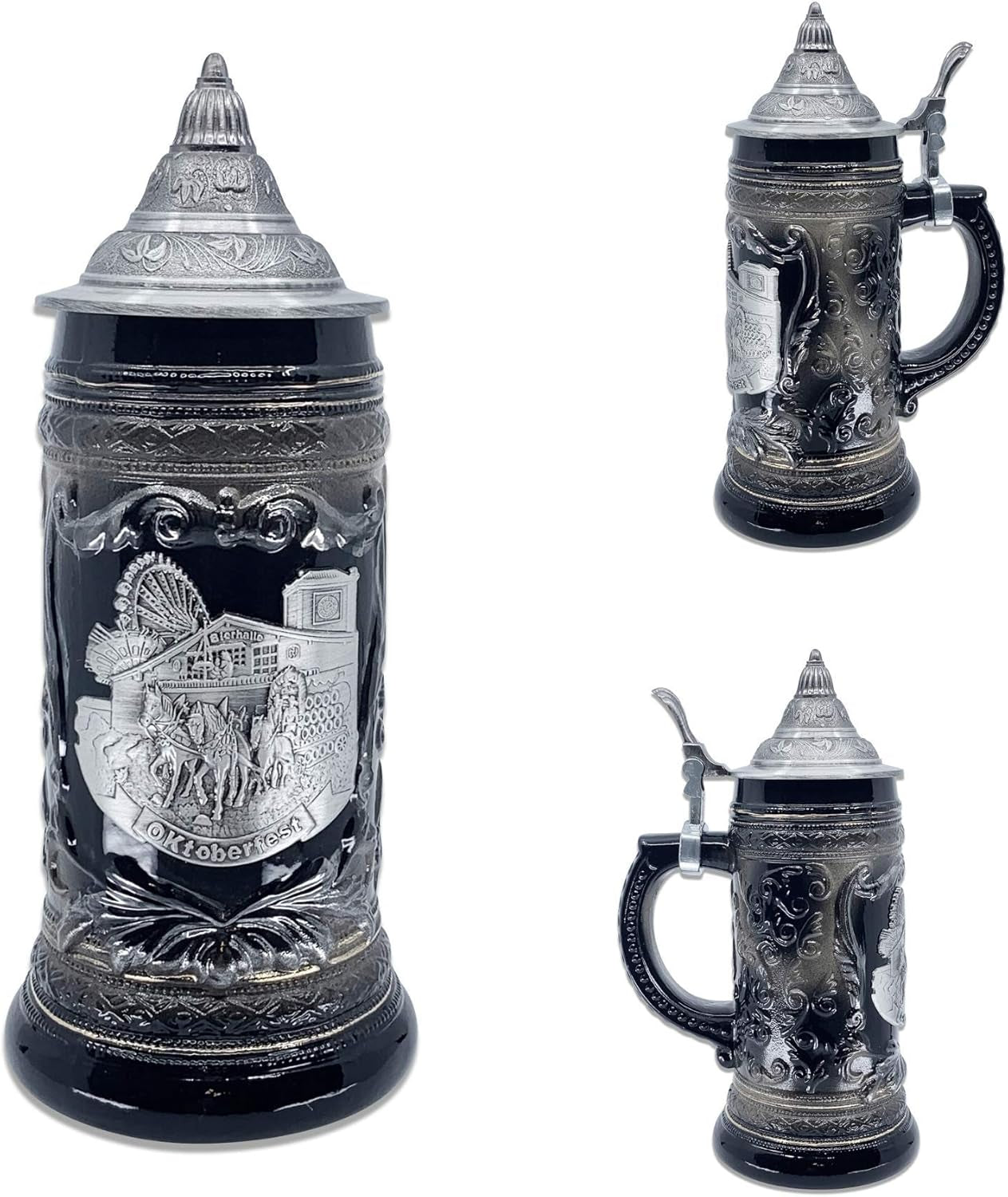 0.6 Liter | Oktoberfesthaus Oktoberfest Stein Bier Krug Charcoal Black Ceramic Stein with Metal Medallion of German Draft Horses and Wagon with Lid Octoberfest Beer Mug