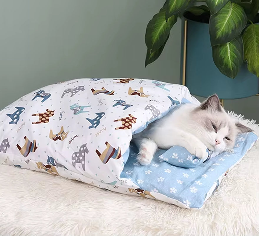 Japanese Cat Bed Warm Cat Sleeping Bag Deep Sleep Cave Winter Removable Pet House Bed for Cats Dogs Nest Cushion with Pillow