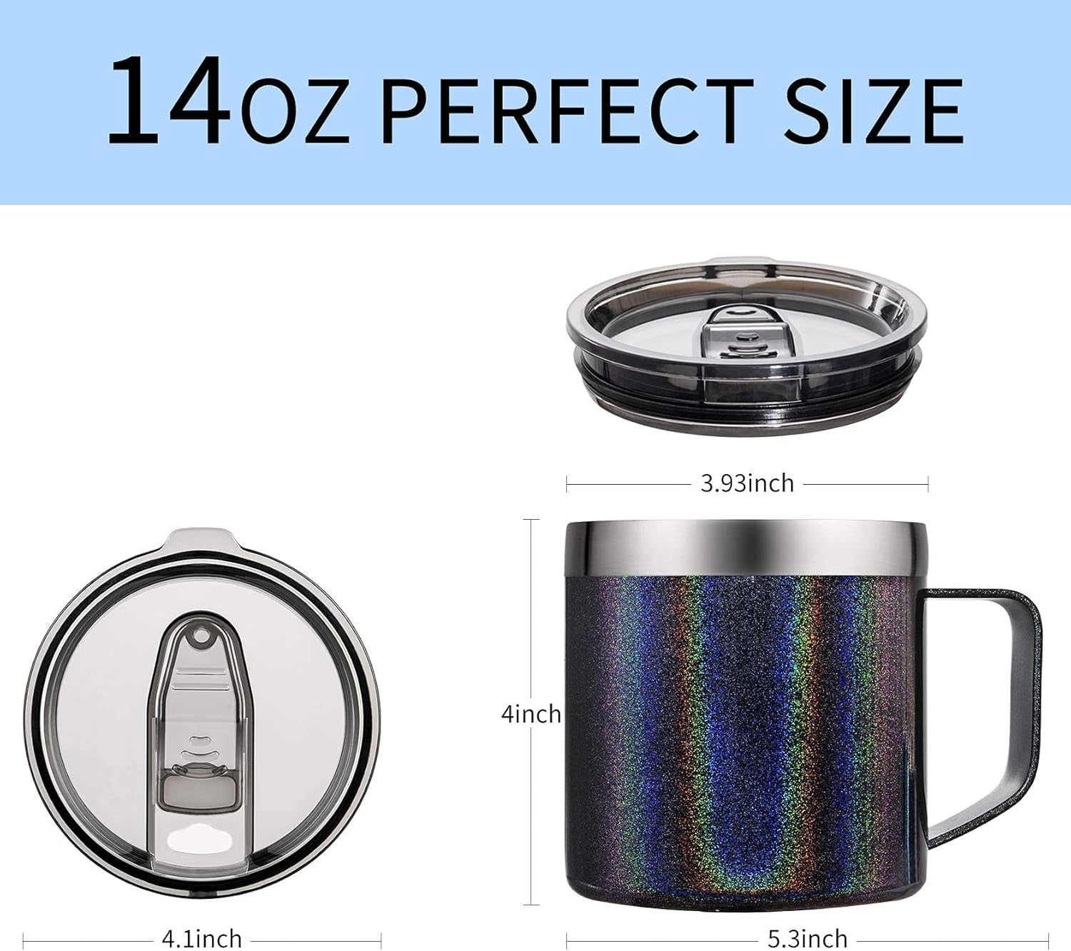 14Oz Coffee Mug with Handle, Vacuum Insulated Coffee Mug with Lid, Double Wall Stainless Steel Travel Tumbler Mug (Glitter Black 1 Pack)