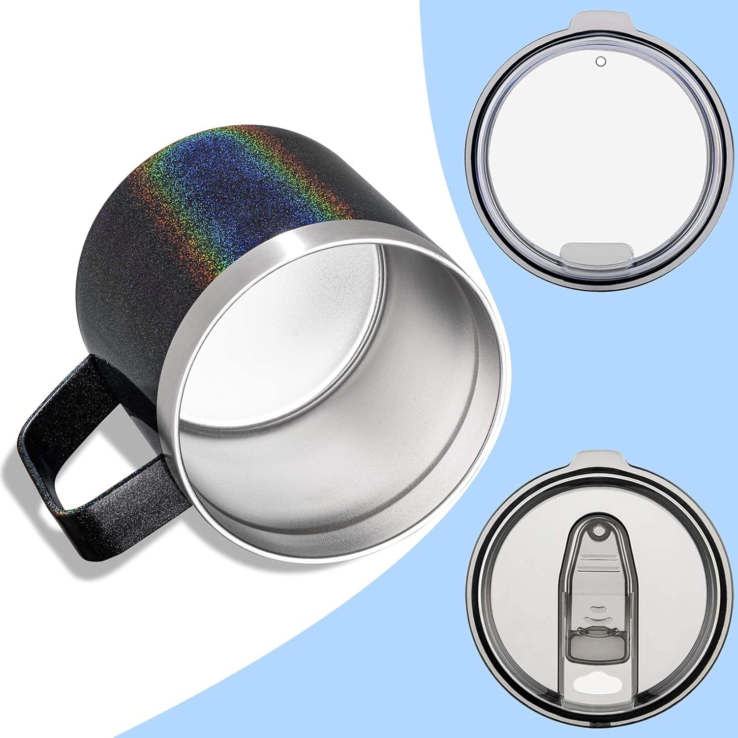 14Oz Coffee Mug with Handle, Vacuum Insulated Coffee Mug with Lid, Double Wall Stainless Steel Travel Tumbler Mug (Glitter Black 1 Pack)