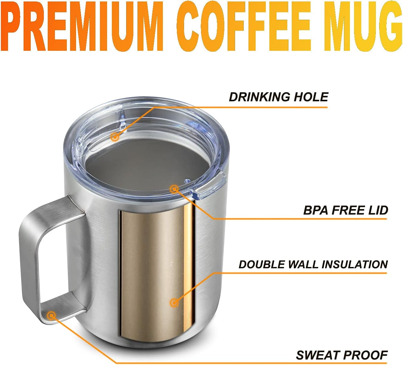 12Oz Insulated Coffee Mug with Handle, Stainless Steel Mug with Lid, Double Wall Vacuum Coffee Cup, Powder Coated Travel Mug, Thermal Mug Keep Coffee Hot or Cold (Silver, 1 Pack)