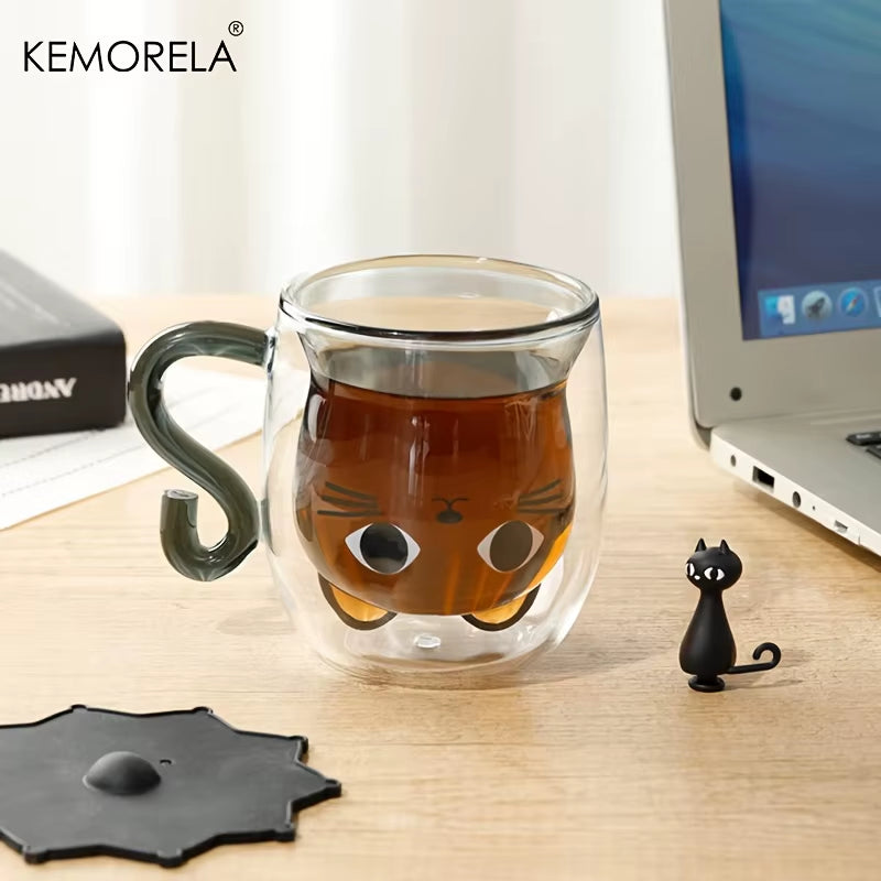 1PCS Cute Cat Mugs Double Vacuum Cute Tea Cups with Handle 250Ml Glass Cat Coffee Mug Temperature Resistant Glass Water Milk Mug